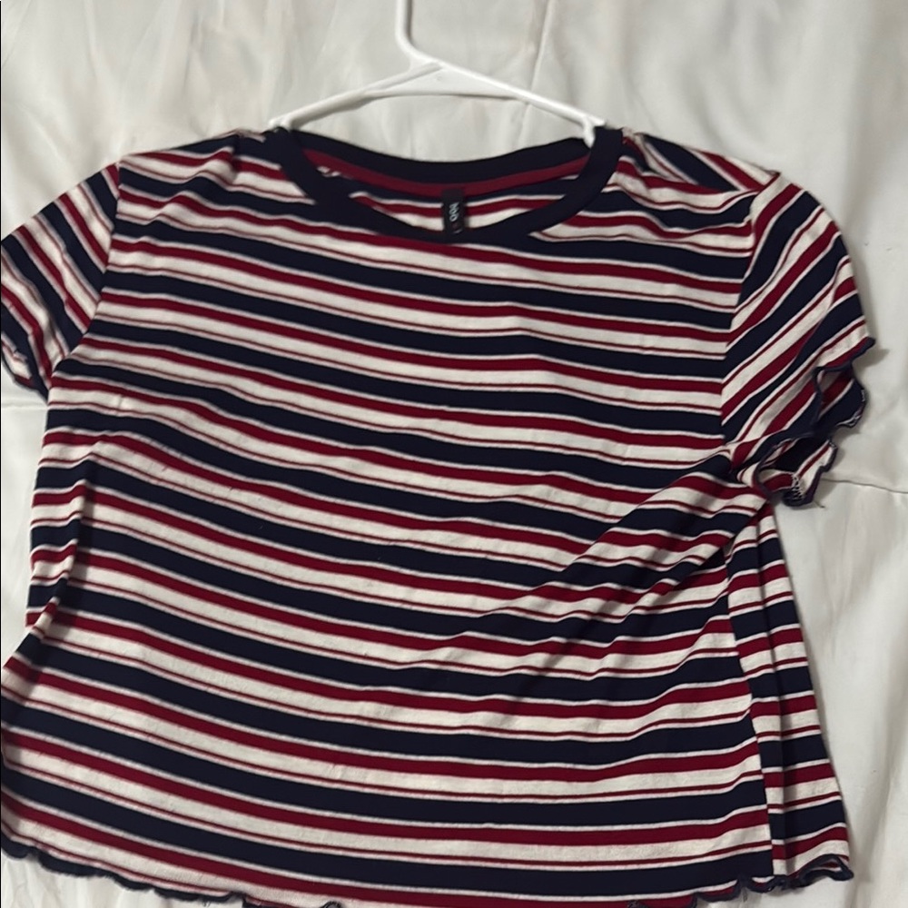 Blue and White Ribbed Crop T-Shirt